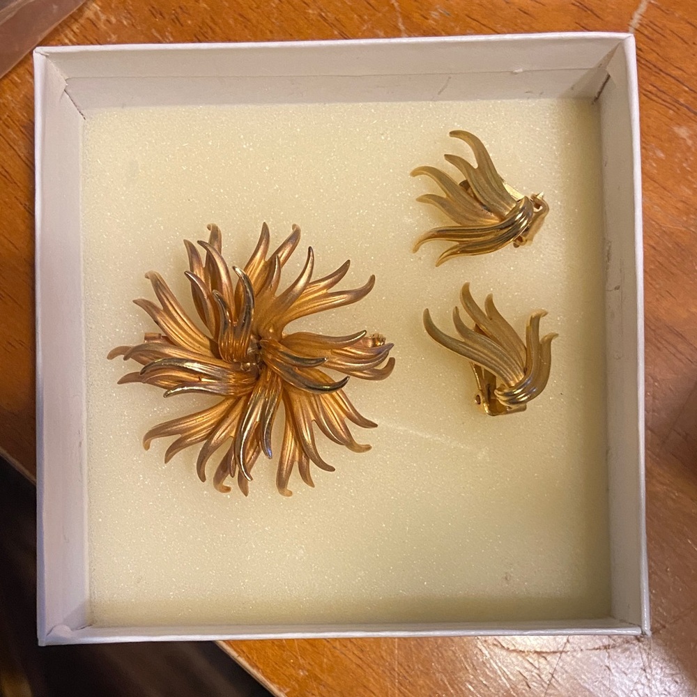 Gold Brooch and Clip On Earring Set